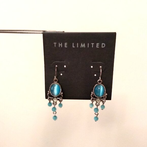 Vintage Teal Blue Beads Silver Tone Dangle Drop Earrings Timeless VTG Jewelry - Picture 3 of 5